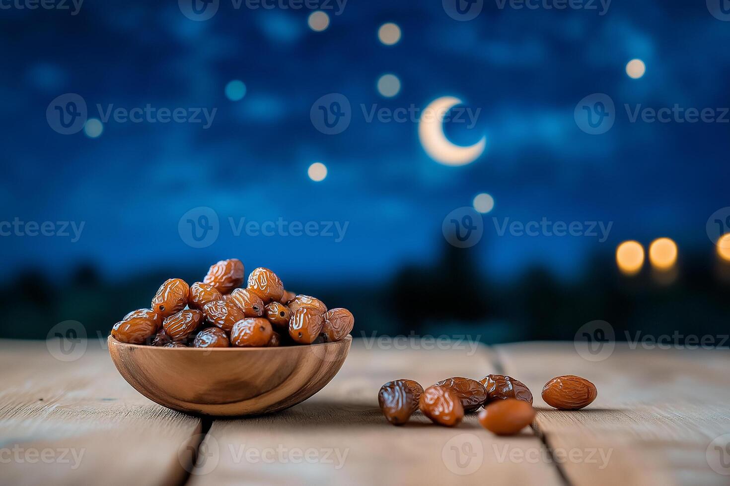 Bowl of dates on wooden table with crescent moon and stars in night sky background photo