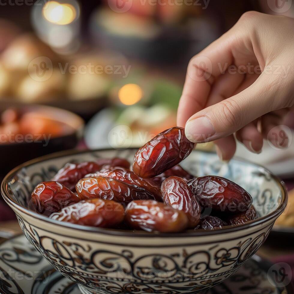 Hand picking dates from ornate bowl at festive table setting photo