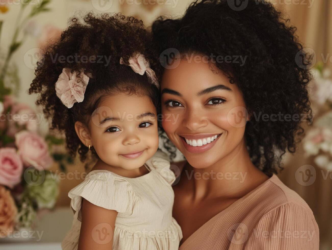 Loving mother and daughter smiling together in a floral setting photo