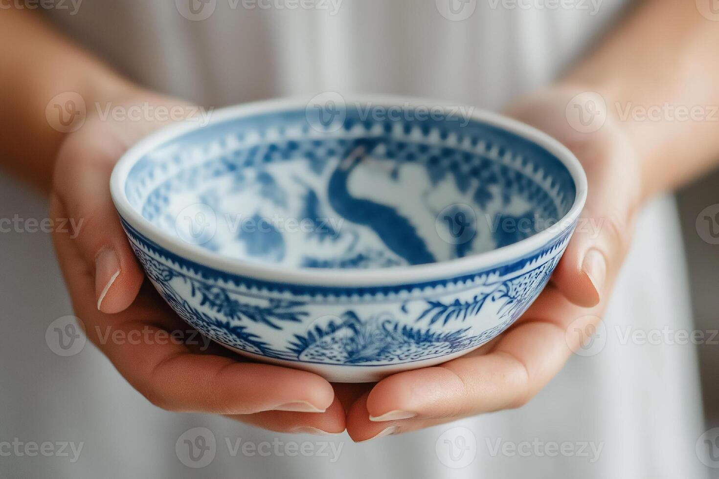 Hands holding a beautifully decorated blue and white ceramic bowl with intricate patterns photo