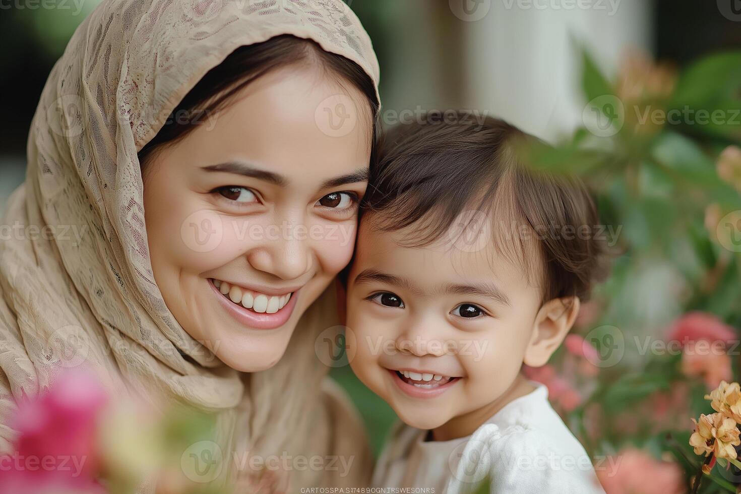 Joyful mother and child surrounded by vibrant flowers in a garden setting. mothers Day photo