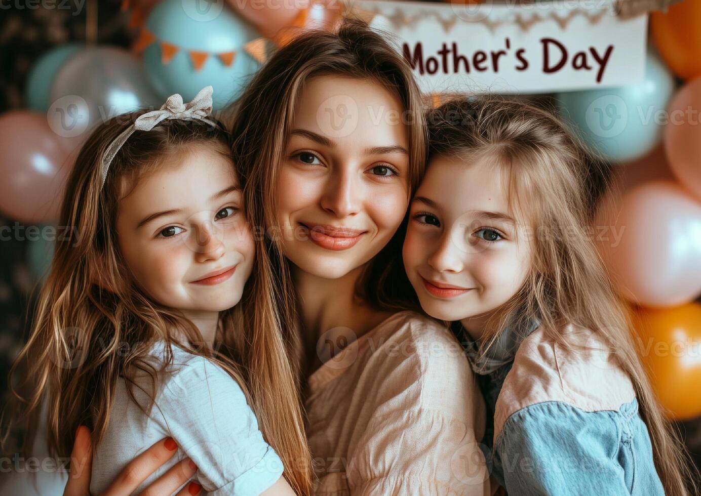Happy mother's day celebration with smiling family surrounded by festive balloons photo