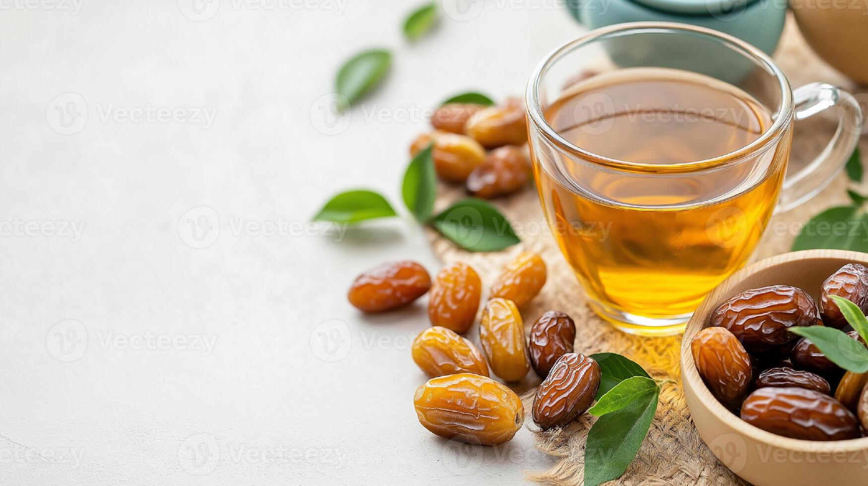 Refreshing date tea with fresh dates and green leaves on natural woven placemat photo