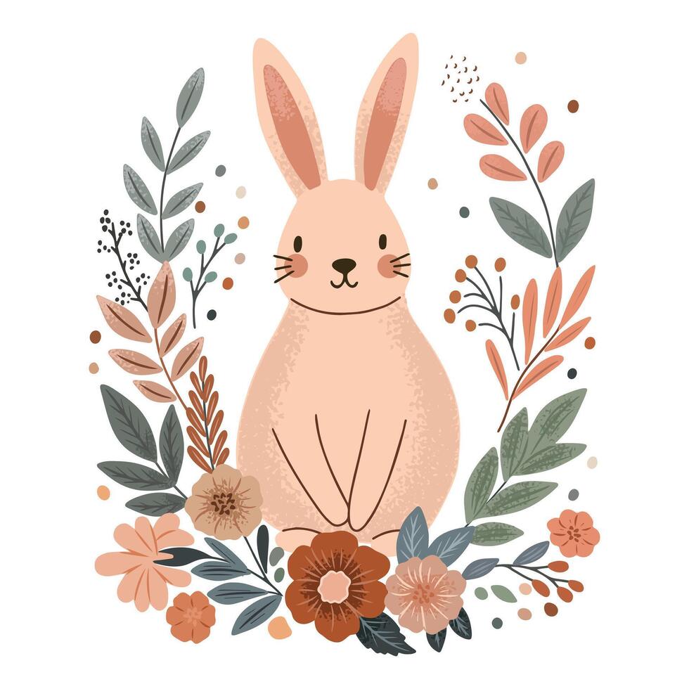 Cute rabbit in a frame of meadow flowers and leaves. Delicate illustration for Easter designs. vector