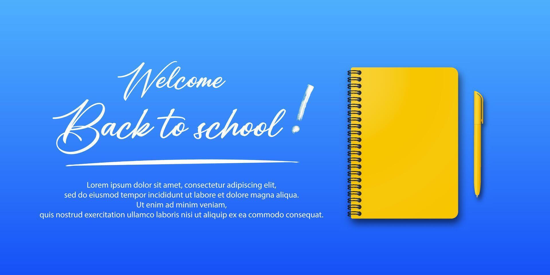 Back to school holiday for students. Banner with a notebook and pen on a blue background. Includes handwritten back to school text and space for additional details. vector