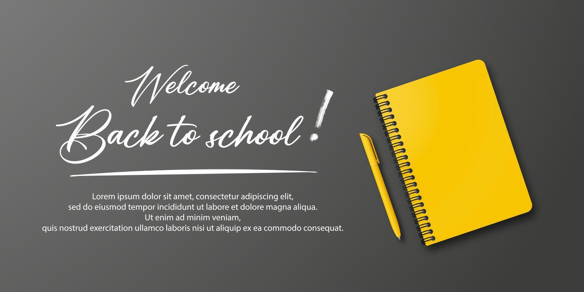 Education holiday banner with a black background. Back to school theme including a notebook, pen, and handwritten back to school text. vector