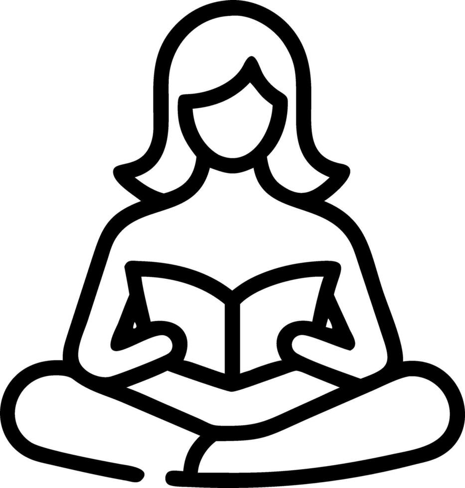 Woman reading book by lake with copy space vector