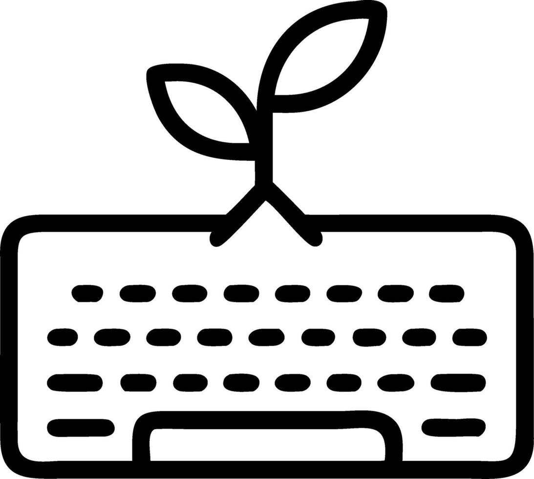 Macro shot of a laptop keyboard with a green leaf growing between the keys and copy space vector