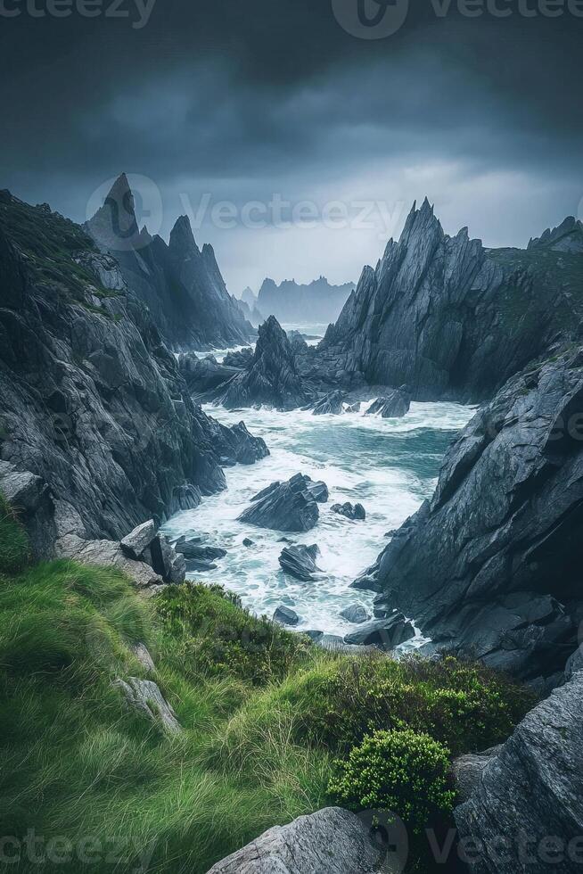 Rocky coast with cliffs and crashing waves photo