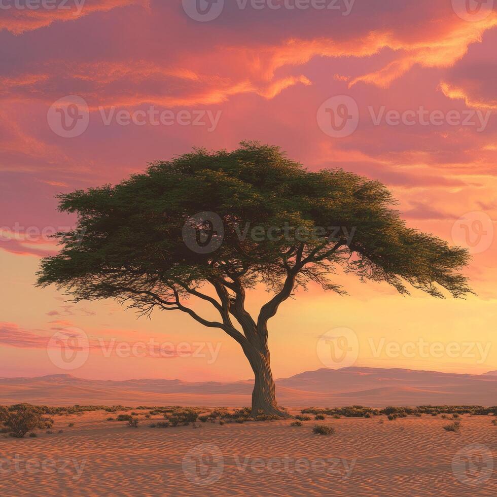 acacia tree standing against a sandy landscape at sunset photo