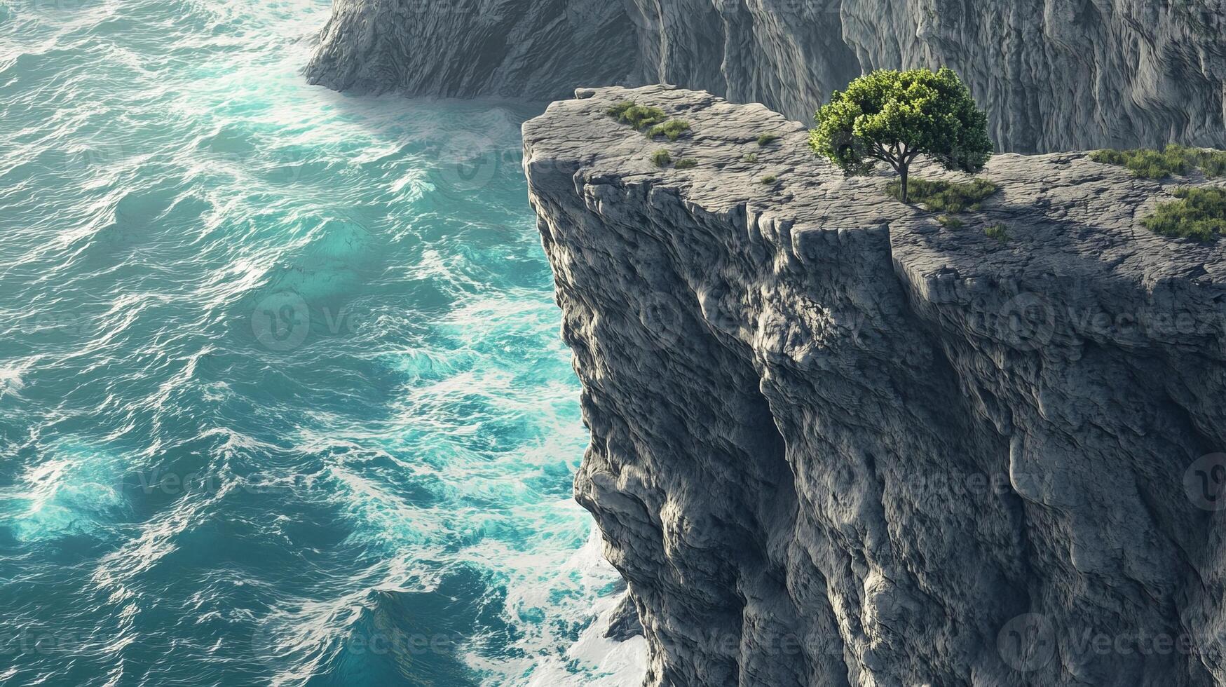 High cliffs with bush, washed by ocean waves. photo