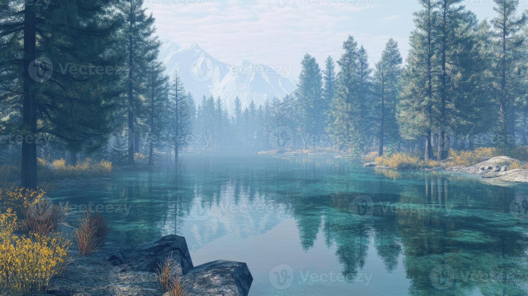 Morning lake with clear water in a forest photo