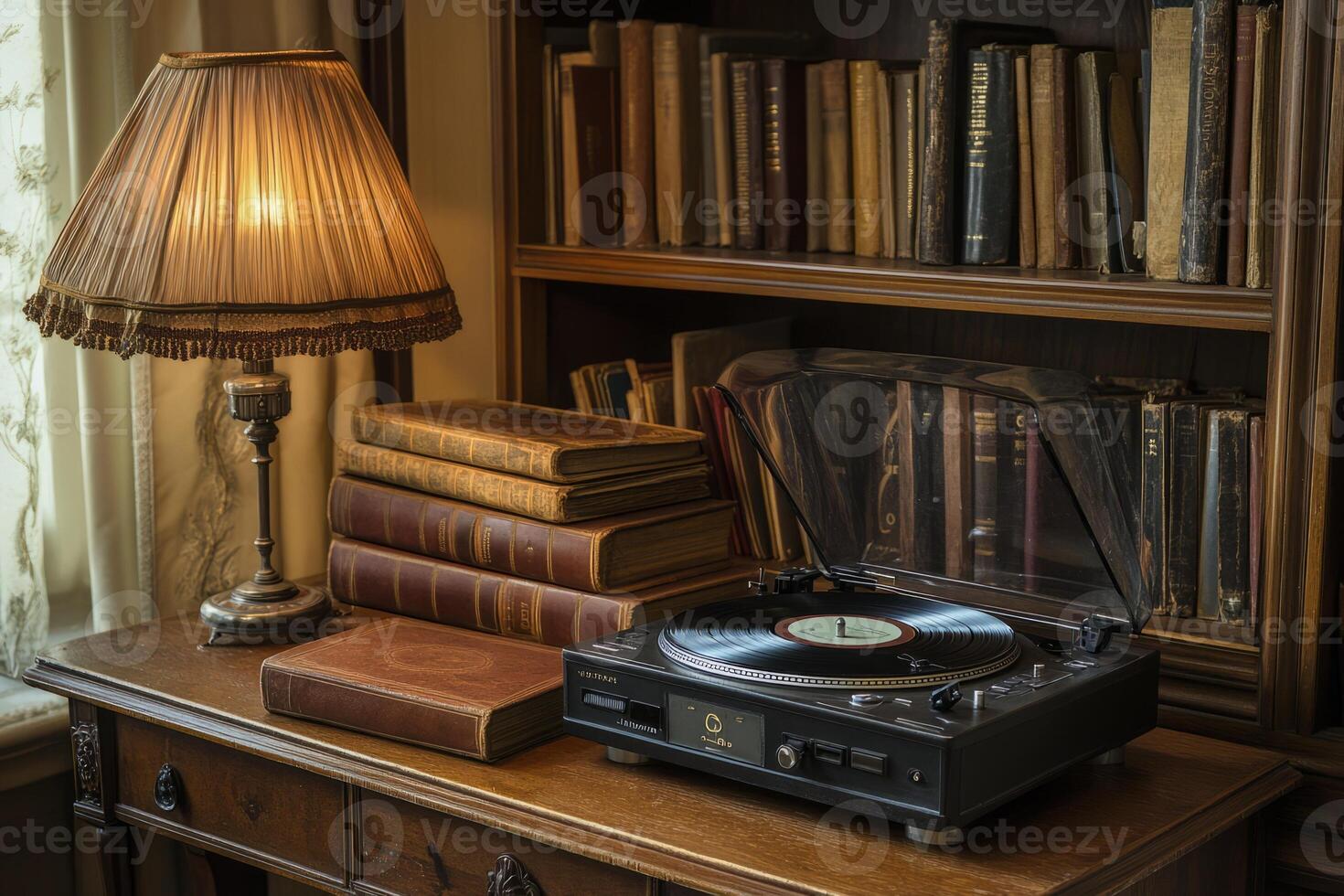 antique desk with a turntable, several records nearby. On the shelf are old books and antique lamp photo