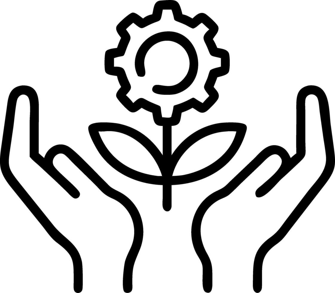 Close up of hands holding a plant growing from industrial gears vector
