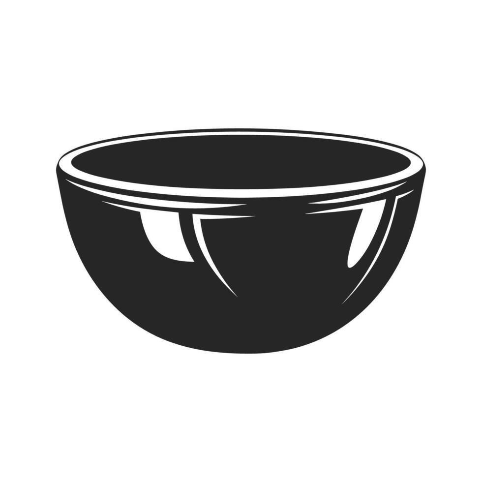 Black bowl with a shiny surface. It is empty. The bowl is round and has a reflective surface vector