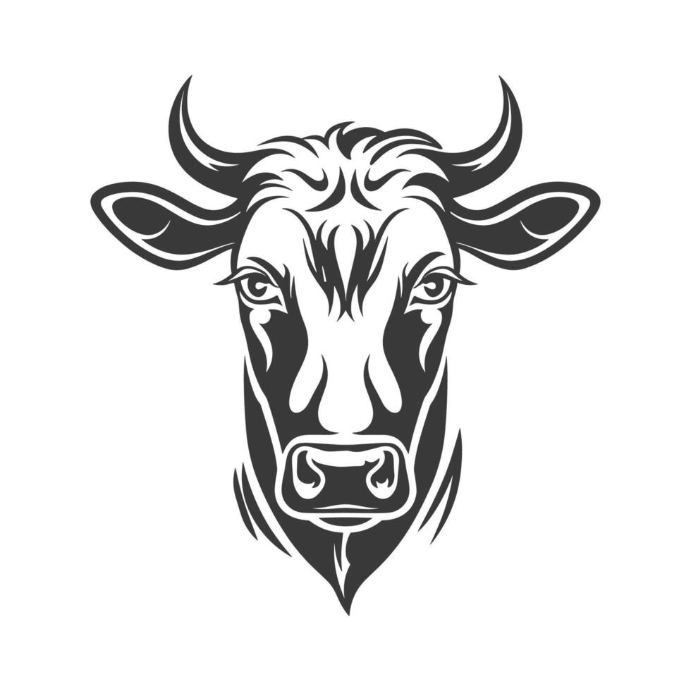 Cow with horns is shown in black and white. The cow has a very strong and intimidating appearance vector