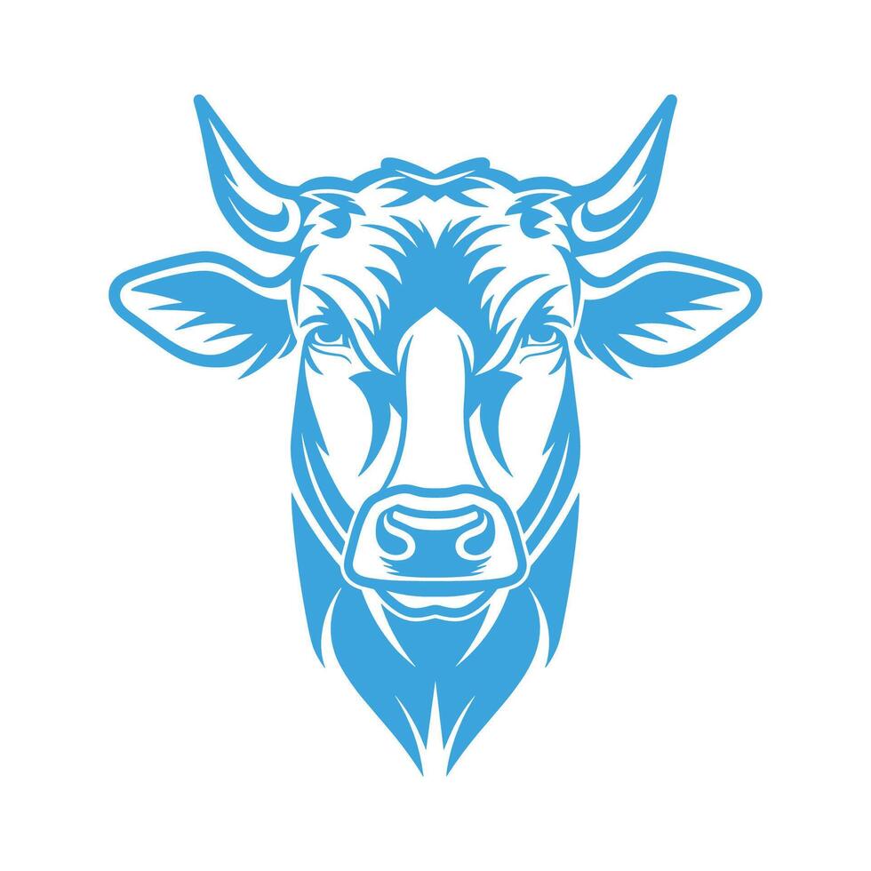 Cow with horns is shown in blue. The cow has a big, wide mouth and a small, pointed nose vector