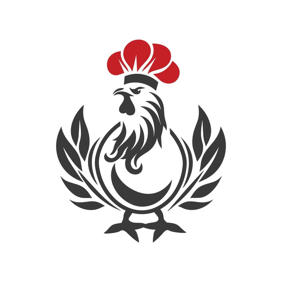 Chicken with a chef hat on. The hat is red and white vector
