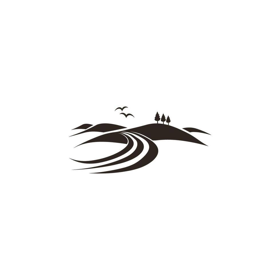 The image is a black and white drawing of a river with a few birds flying over it vector