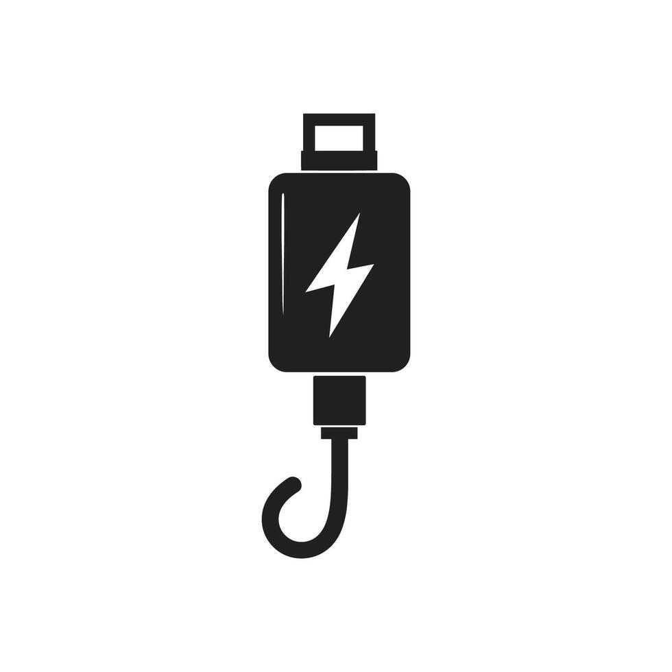 The image is a black and white drawing of a power cord with a lightning bolt on it vector