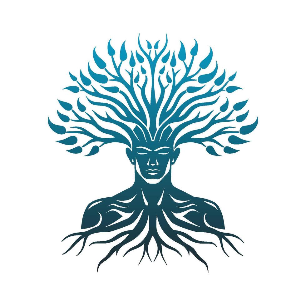 Tree with a woman's face on it. The tree is surrounded by roots and branches vector
