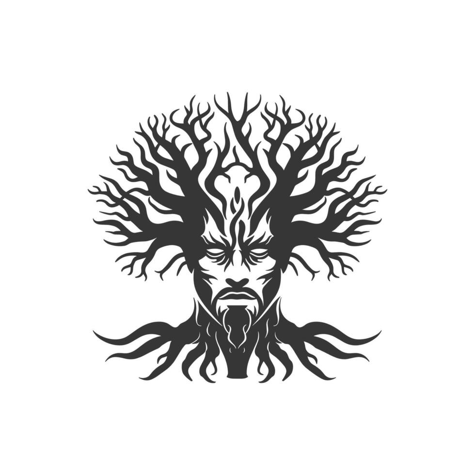 Man with a beard and a tree on his head. The tree is very large and has many branches vector