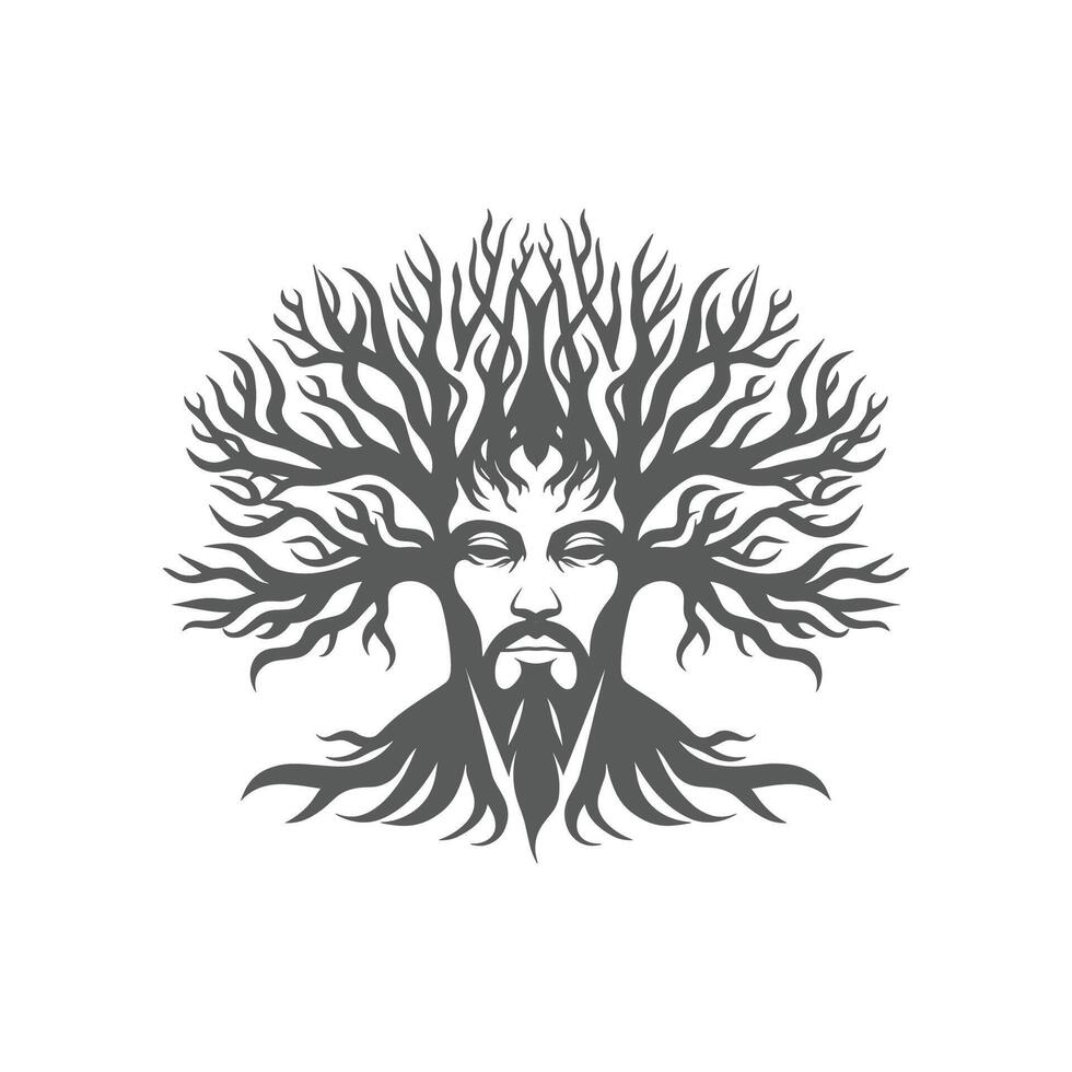 Man's face is intricately carved into the trunk of a tree, with the branches surrounding the trunk vector