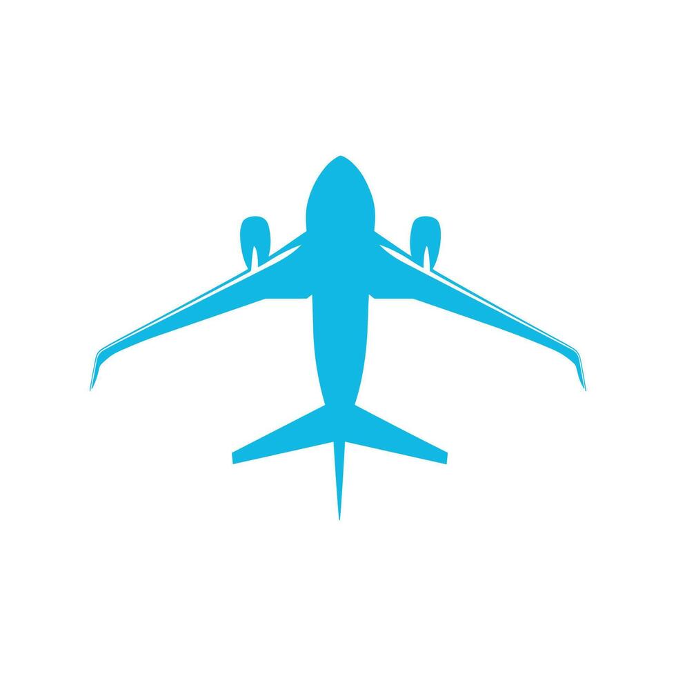 Blue airplane is flying in the sky. The airplane is the main focus of the image. The sky is clear. vector