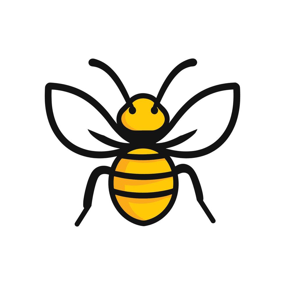 Yellow and black drawing of a bee. The bee is drawn in a cartoon style vector