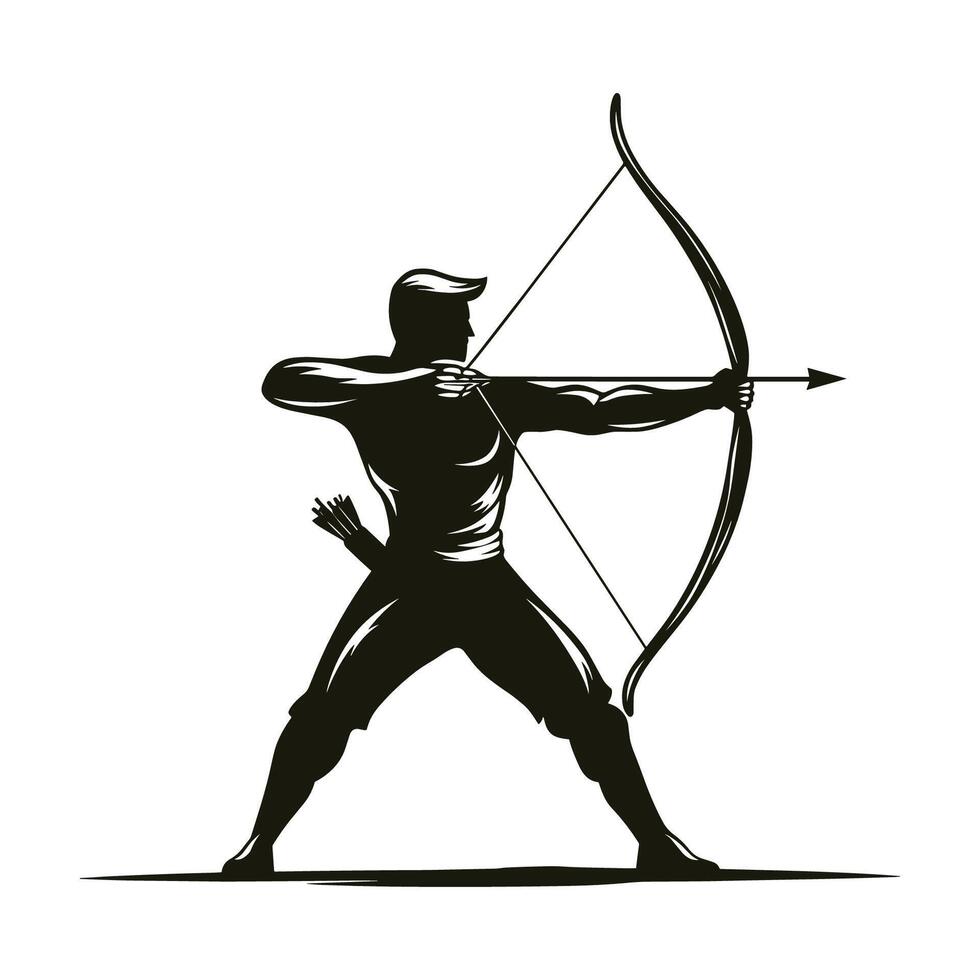 Man is standing with his bow and arrow, ready to shoot an arrow. He is focused and determined vector