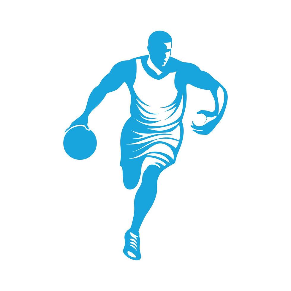 Basketball player in a blue jersey is running with a basketball vector