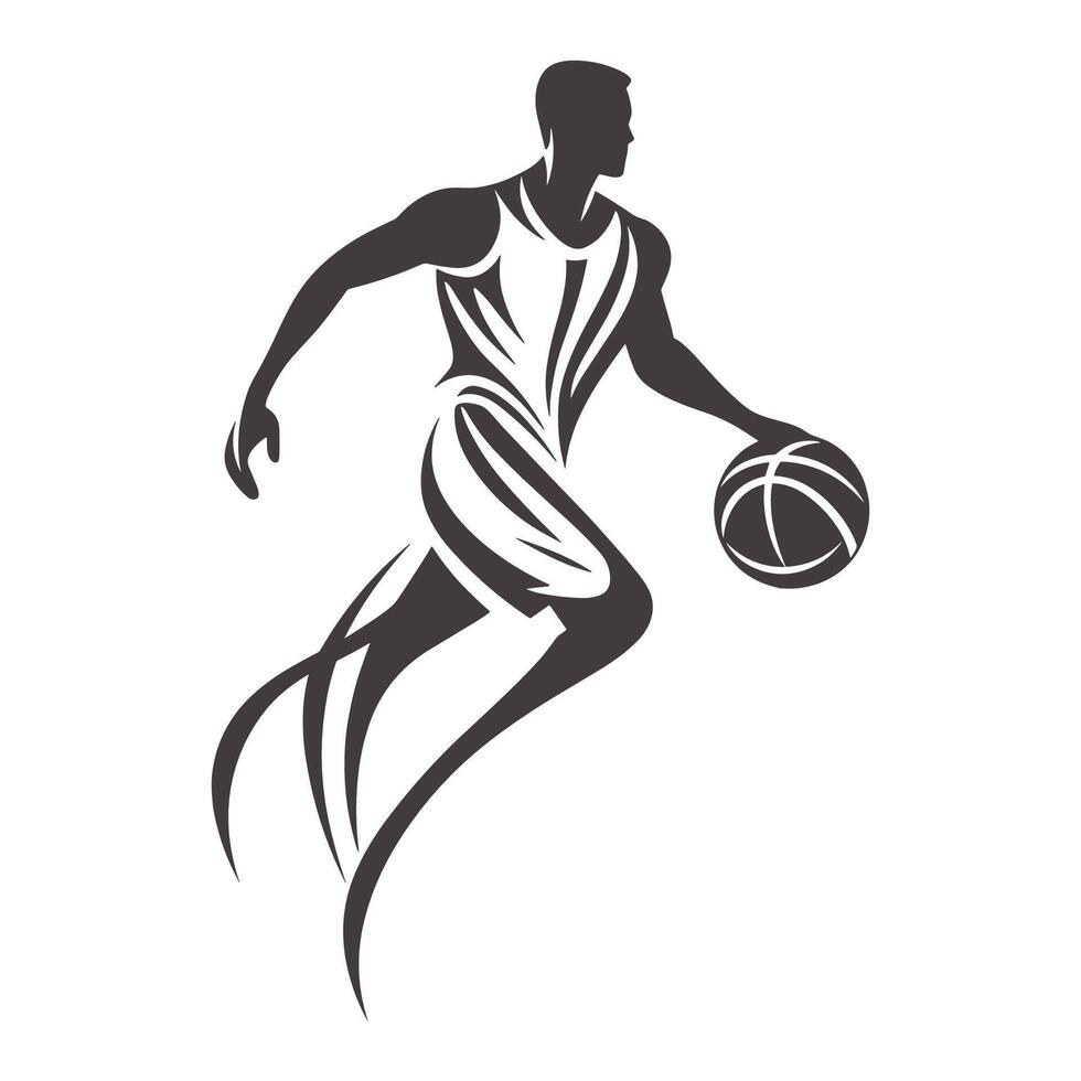 Basketball player is running with a basketball. The image is black and white vector