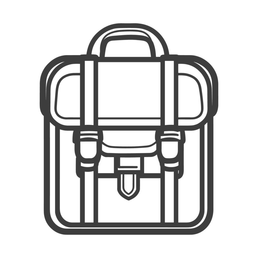 Black and white drawing of a backpack with a strap. The backpack is open vector