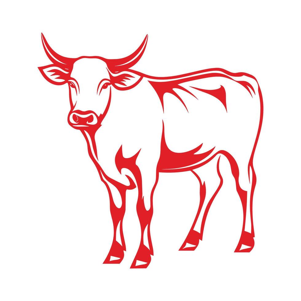 Red cow with horns stands in front of a white background. The cow is the main focus of the image vector