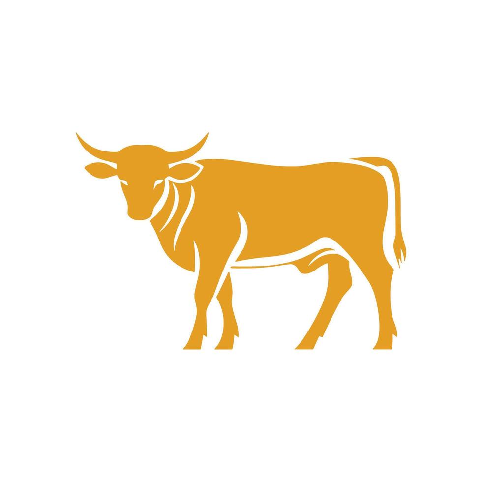 Cow is standing on a white background. The cow is depicted in a yellow color vector