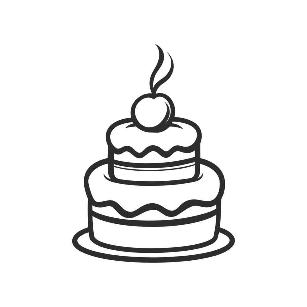 Cake with a cherry on top. The cake is white and has a black outline vector