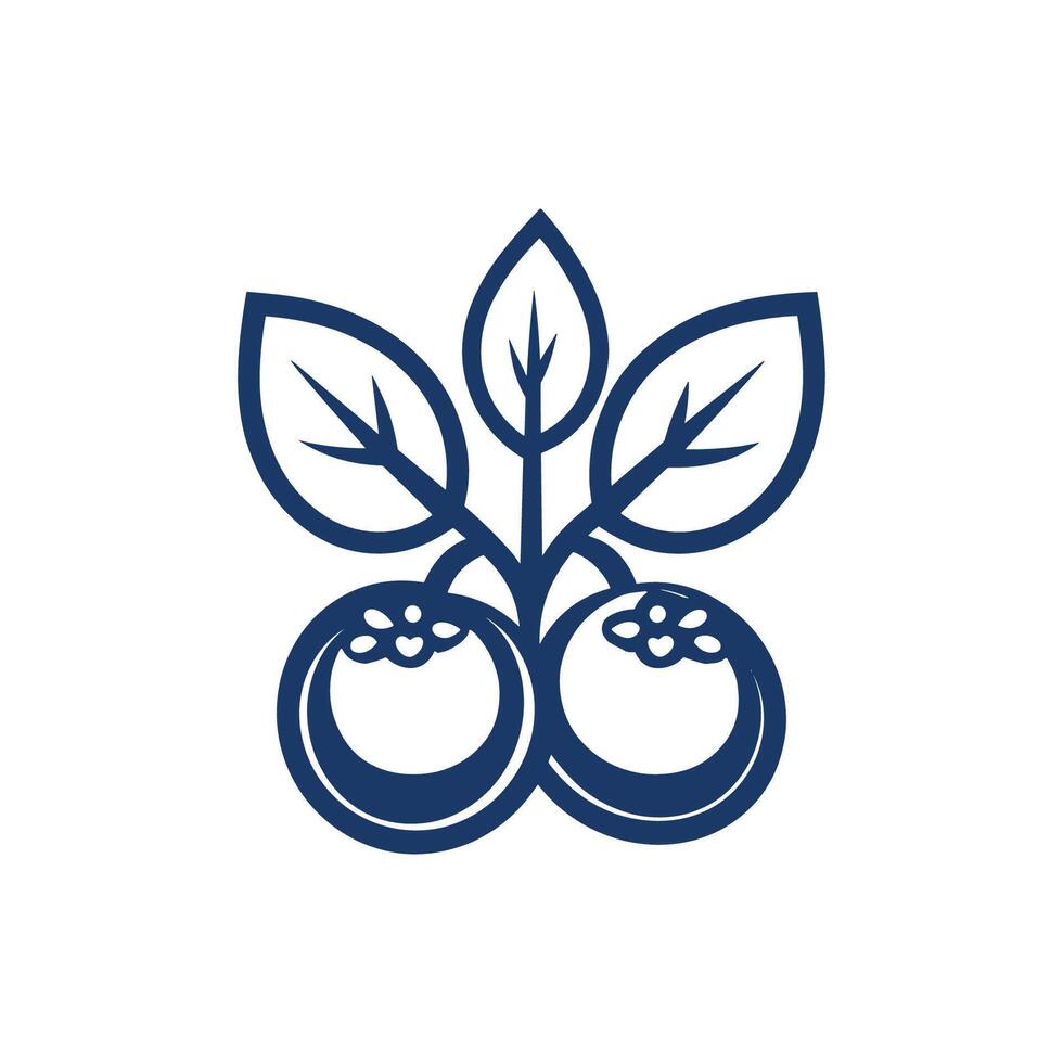 Blue and white logo of a fruit with two cherries on it. The cherries are surrounded by leaves vector