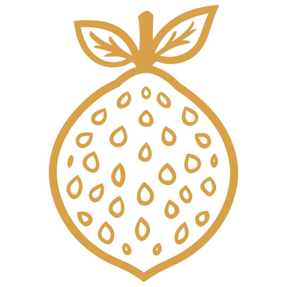 Drawing of a lemon with a leaf on top. The lemon is yellow and has a lot of spots vector