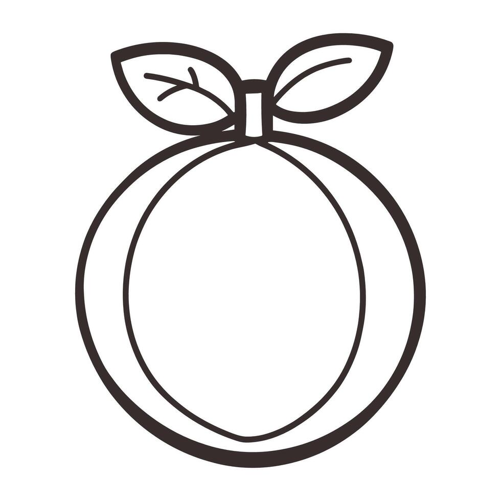 Black and white drawing of a lemon with a leaf on top. The drawing has a simple vector