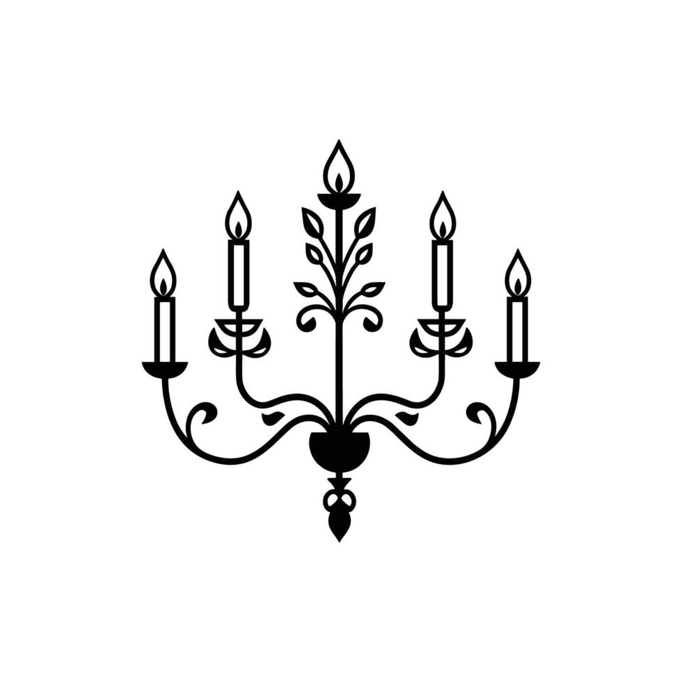 Black and white image of a chandelier with four candles. The candles are lit vector