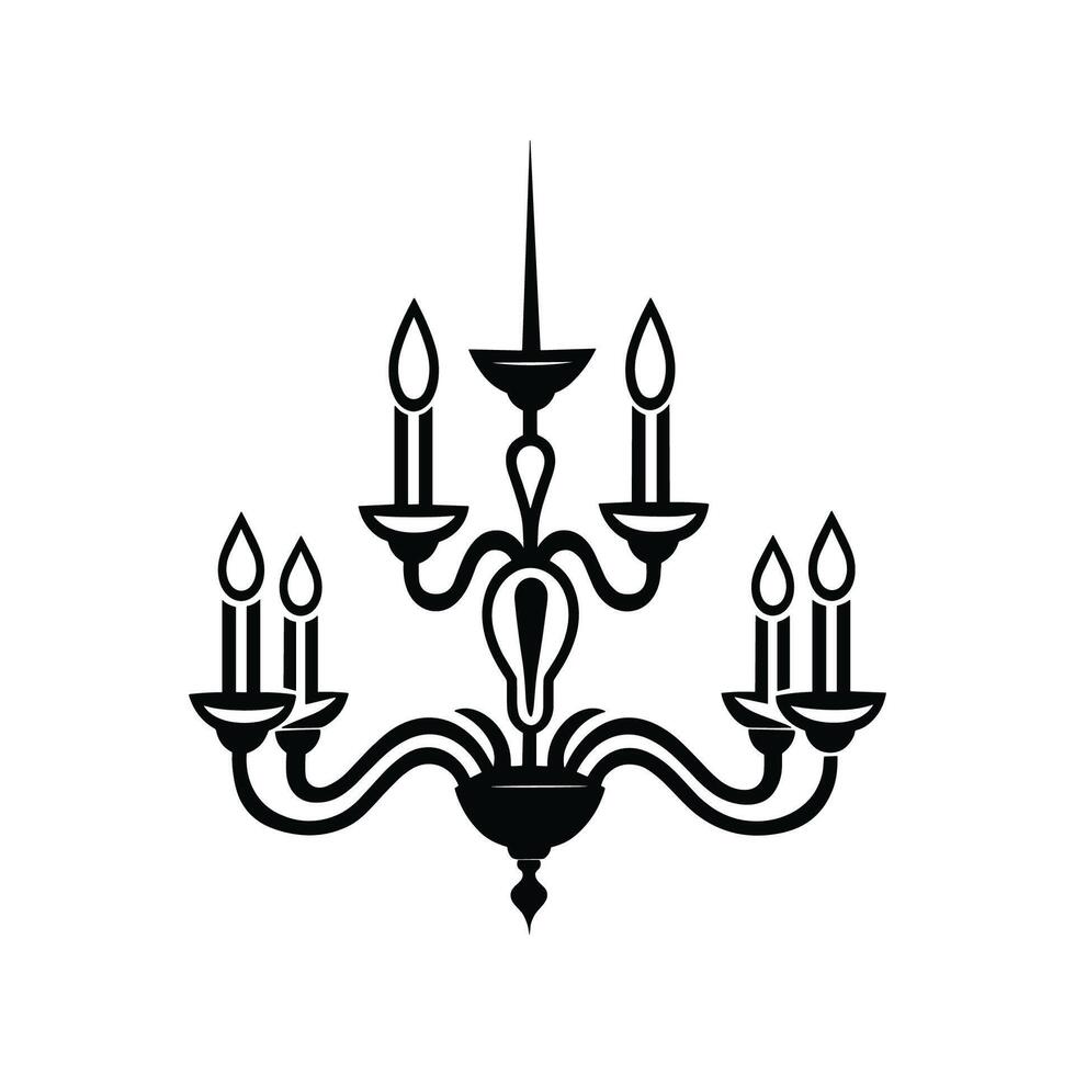 Black and white image of a chandelier with six candles. The candles are lit vector