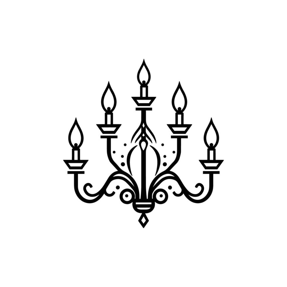 Black and white drawing of a chandelier with six candles. The candles are lit vector