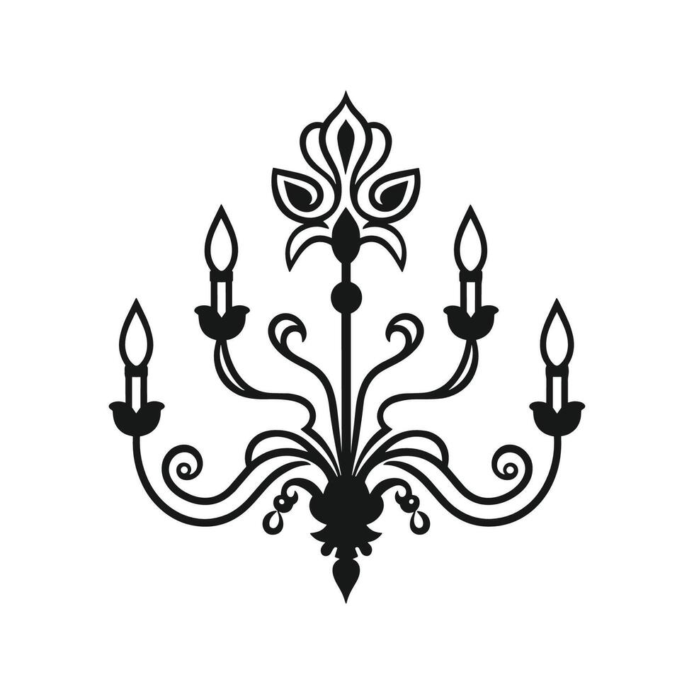 Black and white drawing of a chandelier with five lights. The chandelier is ornate vector
