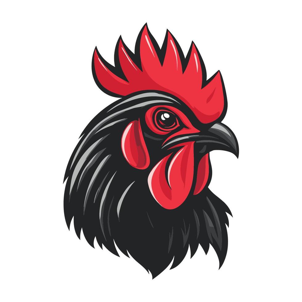 Cartoon chicken with a red beak and red comb. The chicken has a black face and a black body vector