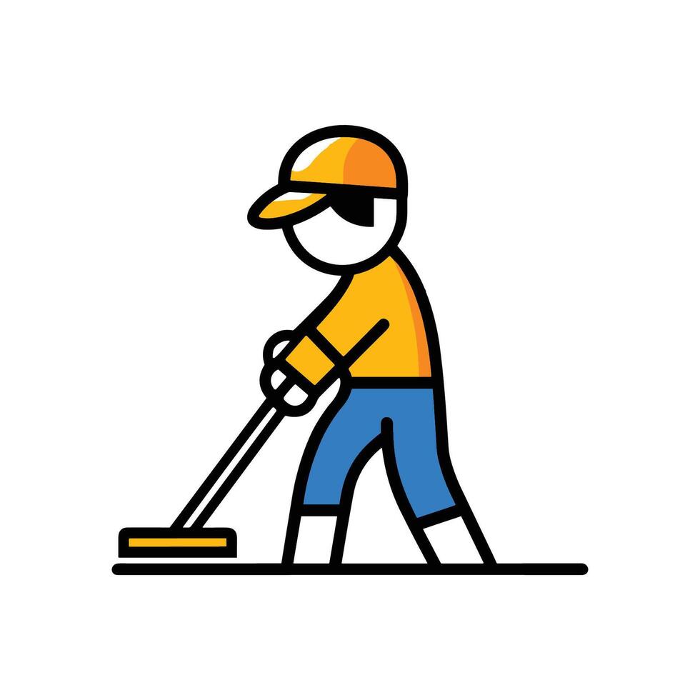 Man in an orange shirt and blue pants is cleaning a floor with a broom. The image has a cheerful vector