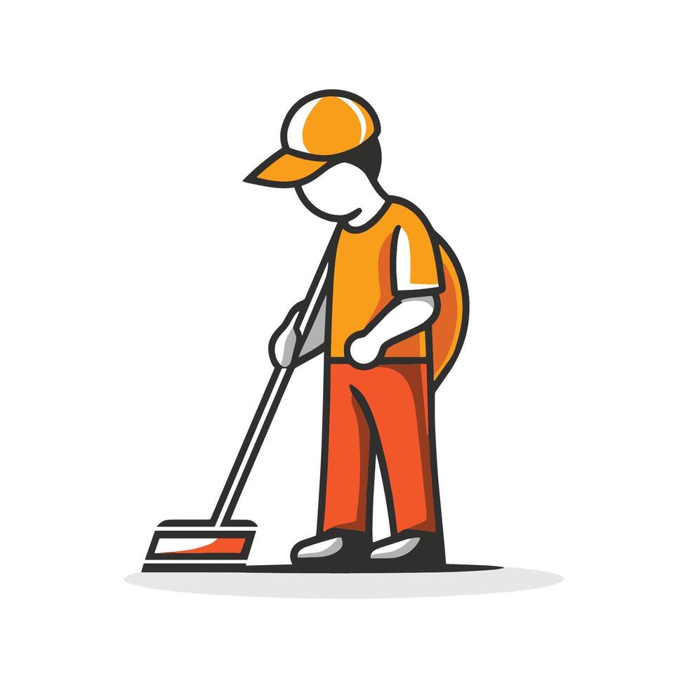 Man in an orange shirt and hat is cleaning a floor with a broom vector