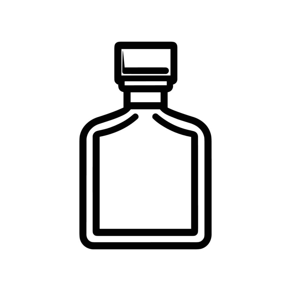 Bottle of perfume is shown in a black and white drawing. The bottle is empty and has a cap on top vector