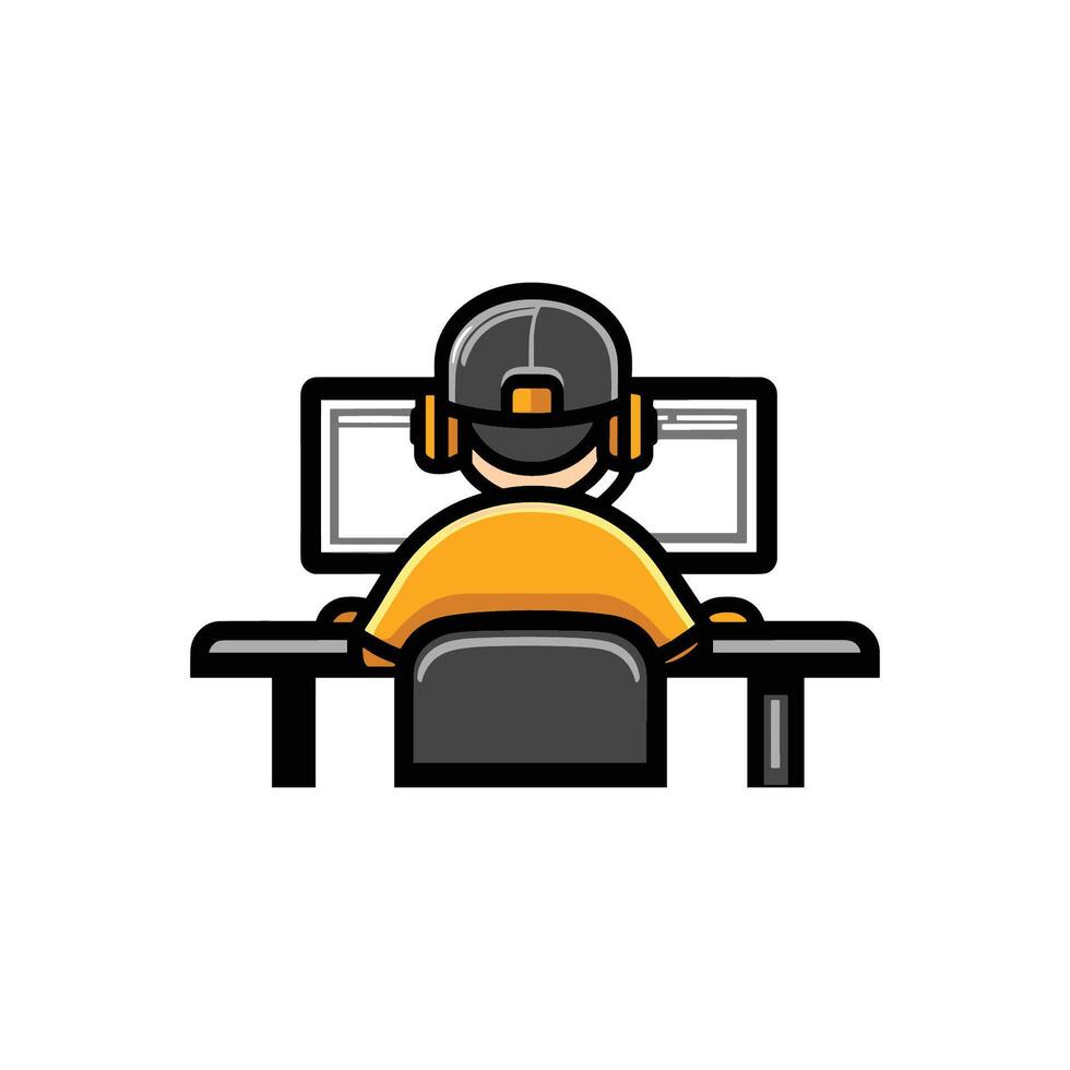 Man is sitting at a desk with a computer monitor and a keyboard. He is wearing a hat vector