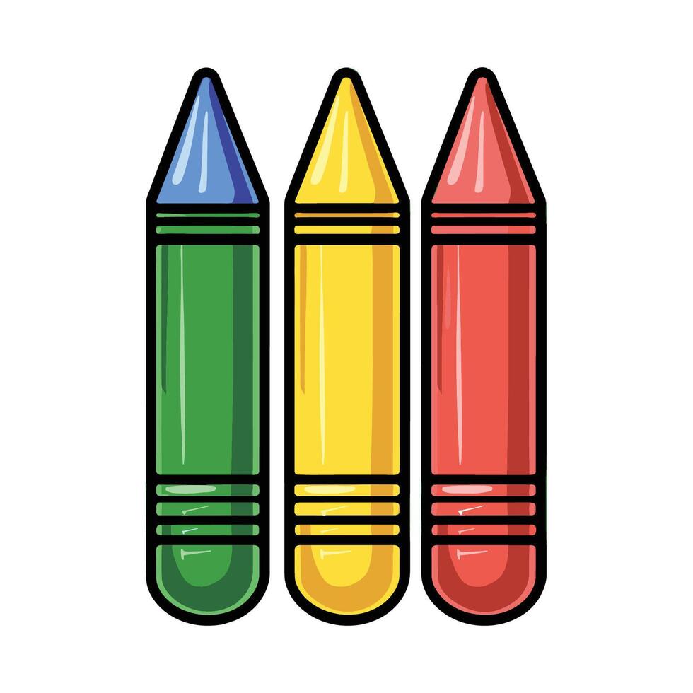 Three crayons are shown in a row, with the middle one being yellow. The colors are bright vector