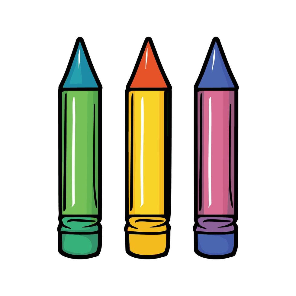 Three crayons are shown in a row, each with a different color. The colors are green, red, and blue vector